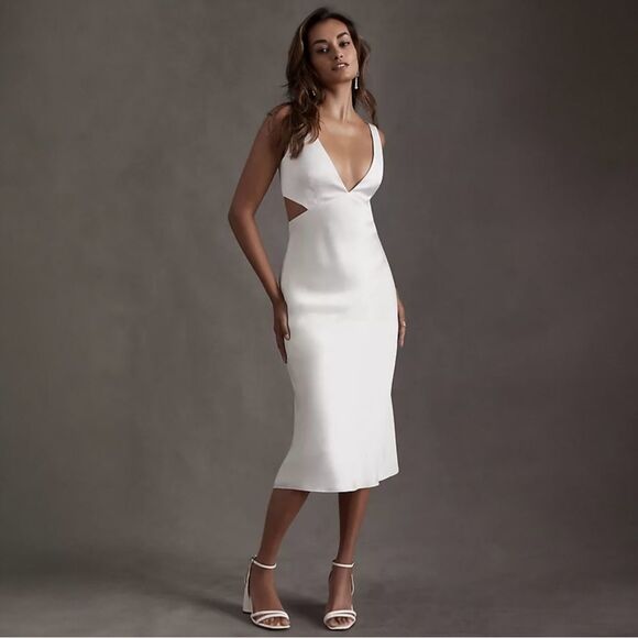 Sachin & Babi‎ Bride White Satin Midi Dress Size 8 Plunge Neckline Side Cutout - Picture 1 of 16